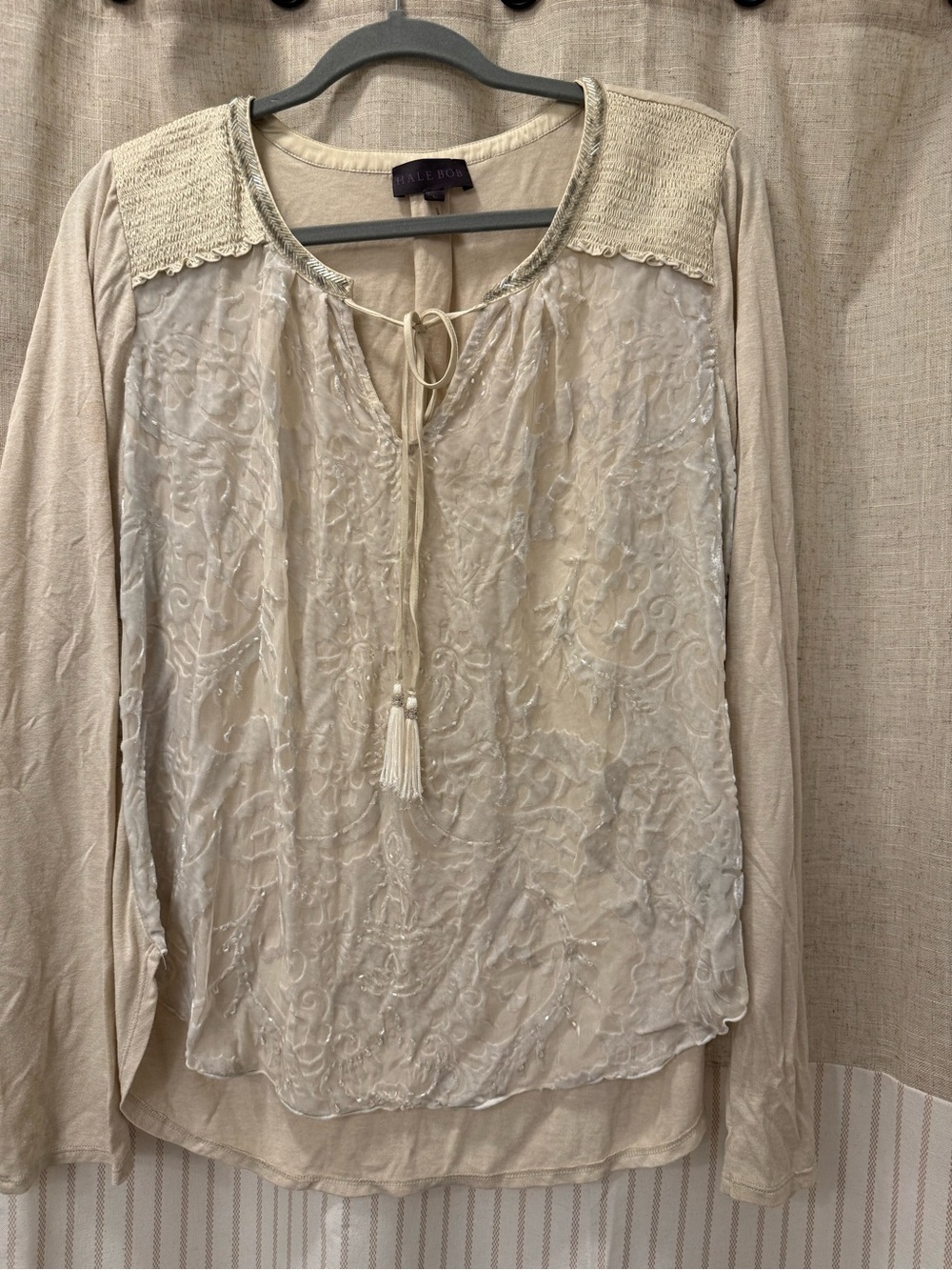 Hale Bob Cream Embellished Long-Sleeve Boho Blouse